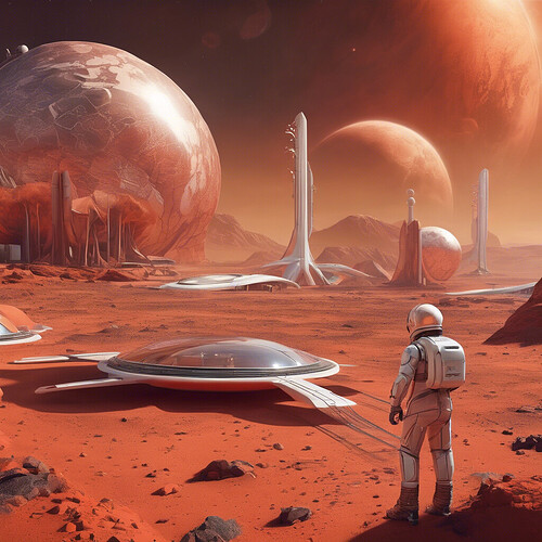 a visionary representation of human life on Mars, with futuristic habitats and infrastructure adapted to the red planet's harsh environment