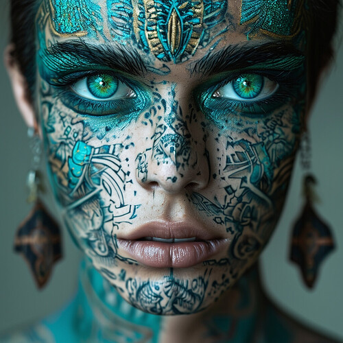 a captivating representation of a human canvas, adorned with intricate tattoos, their sclera a mesmerizing blue-green shade