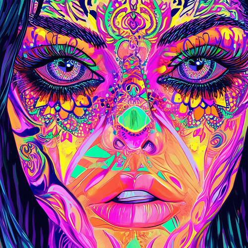 an alluring illustration of a figure covered in elaborate body art, sporting sclera in a dazzling array of colors