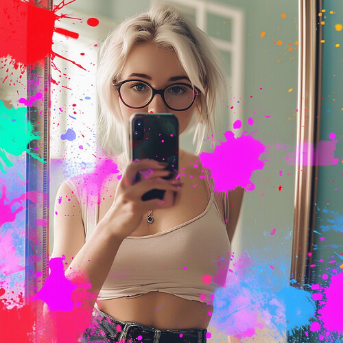 A casual portrait of a young pale-haired woman wearing glasses, a midriff-baring top, holding up a phone to take mirror selfies - random vibrant splotches of colors overlay the minimalist scene