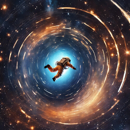 an astronaut falling through a wormhole tunnel, with dazzling star fields, spiraling galaxies, and luminous space-time firelines