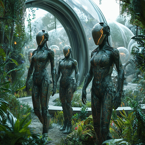 A thriving Martian colony of genetically engineered transhumans, bodies embellished with intricate symbolic tattoos, garbed in sleek environmental bodysuits and light-piped masks to withstand the extreme atmosphere, architecting crystalline biodomes filled with vibrant alien vegetation