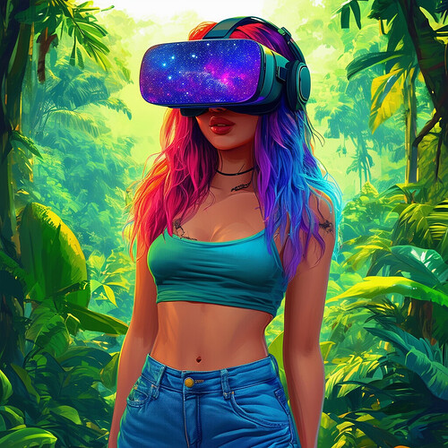 A vibrant portrait of a Brazilian gamer girl with galaxy-hued hair, sporting VR goggles, a midriff-baring top, and jeans, set against the lush backdrop of the Amazon rainforest, rendered in a fresh, contemporary color palette