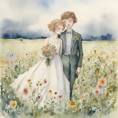 watercolor painting of a lanky, short-haired, beardless pale man wedding a petite, loose curly-haired, large-eyed pale woman in a flowery meadow