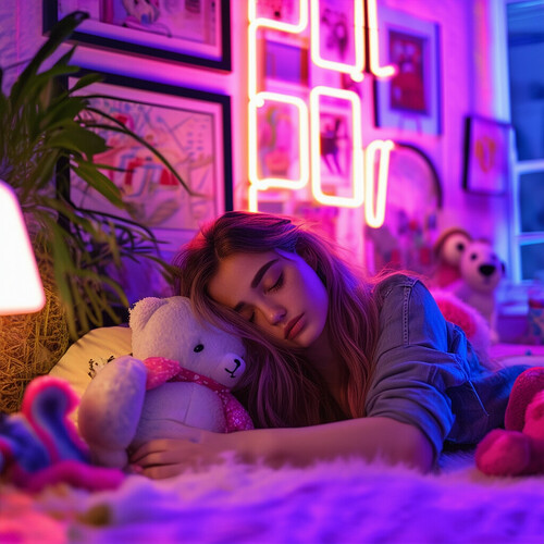 an unintentional Twitch stream capturing a content creator dozing off in her contemporary, stylish room, featuring framed pictures, stuffed animals, and vibrant neon accents, viewed through the lens of her camera