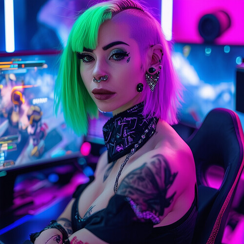 Portrait of a cutting-edge female streamer, short crop mint green one side and shaved mauve purple opposite, an entranced audience as main monitor displays her avatar demolishing multiplayer arena opponents, jeweled barbells on both eyebrows complementing black plugs, snakebite labret studs, and cyber-punk gaming seat aesthetic