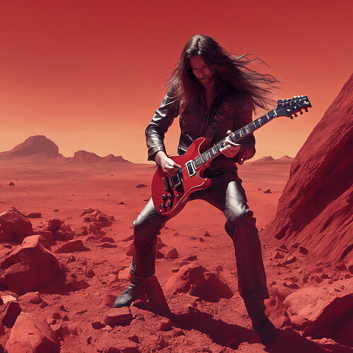 a long-haired guitarist shredding on his electric guitar on the rocky, red surface of Mars