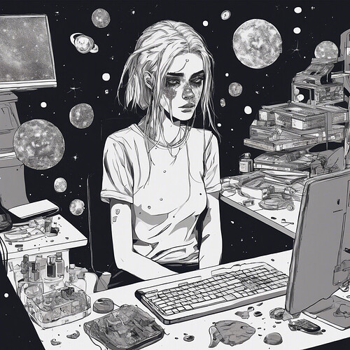 an unsettling image of a girl in front of her PC, sclera devoid of color, cosmetics streaked down her face, pills strewn about the desk, staring blankly into space as she ponders the immense complexity of the cosmos, all within a contemporary, stylish setting