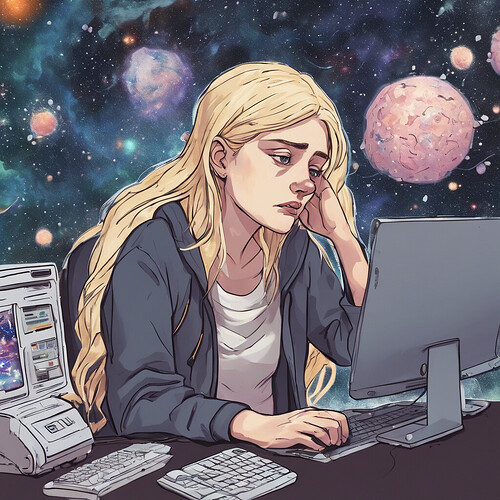 a depressed pale-haired girl sitting despondently in front of her computer, medication strewn about, her dull, hollow gaze fixed on nothing as she contemplates the immensity of the cosmos