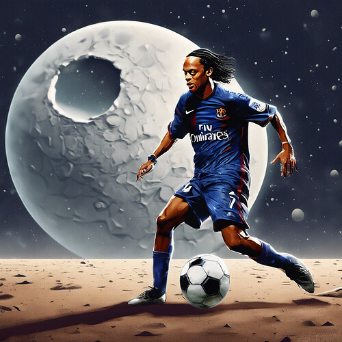 Ronaldinho with a shaved head dribbling a soccer ball on the cratered surface of the moon