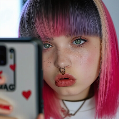 Close-up of a teenage girl with dip-dyed locks in contrasting hues, pouting daringly as she snaps a selfie reflected in a mirror holding a ROG Phone. Her bicolored blunt fringe is chopped straight above innocent eyes, distinguished by a delicate scarlet heart tattoo under the left one.