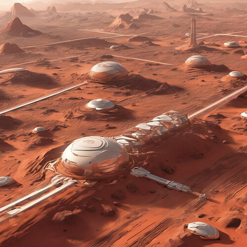 an awe-inspiring visualization of mankind's presence on the red planet, with avant-garde structures, pioneering transportation systems, and a resilient population embracing life on a new frontier