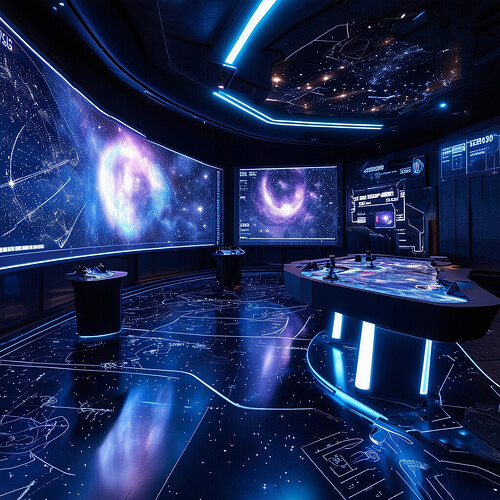 Next generation galactic game room with a panoramic screen simulating travel through solar systems and asteroid belts, floor convered in star charts, towers fitted with reactive plasma filaments, gaming station featuring motion tracking and virtual reality integration alongwith voice and gesture commands for seamless control