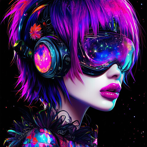 An up-to-date aesthetic depicting a punky streamer, abstract patterns on her raven skirt complementing her wildly chromatic cropped mane cinched by cyber goggles flooding her vision with the splendor of the cosmos translated via hypnotic eyeliner