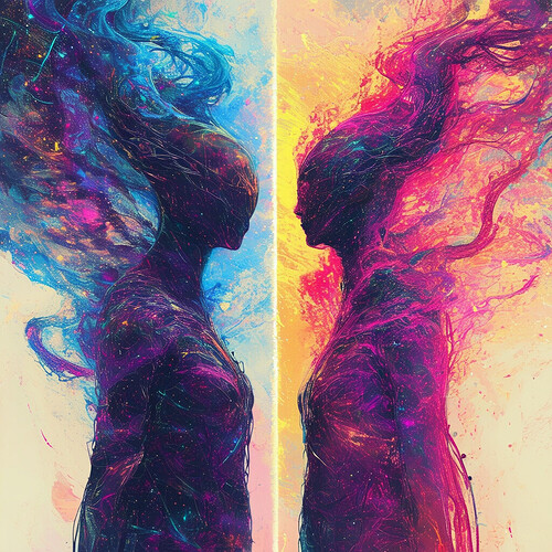 a pair of entities hailing from separate realities, their fates intertwined through the cosmic web, portrayed in vibrant hues and a cutting-edge, sci-fi aesthetic