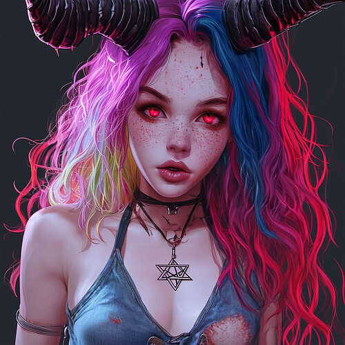 A young female demon with long rainbow colored hair, red eyes, small black horns, wearing a cropped top showing her midriff and low rise ripped jeans with a spiked belt and choker necklace posing seductively