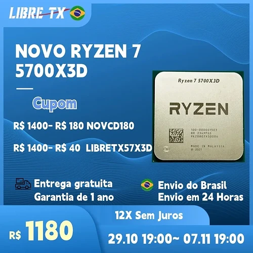 LibreTx Processador Ryzen 7 5700X3D CPU para Jogos Soquete AM4 Estoque no Brasil