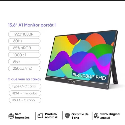 NOVO ARZOPA 15.6 inch Monitor Portátil FHD 1080P IPS USBC MiniHDMI Segunda Tela Externa para Mac