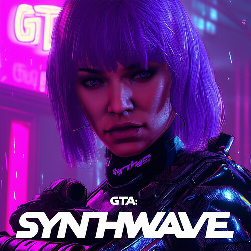 Purple haired woman in armored carbon fiber suit wielding a plasma pulse rifle in dramatic lighting, visual glitches and screen distortion effects surrounding her within classic GTA lettering and style as: GTA: Synthwave