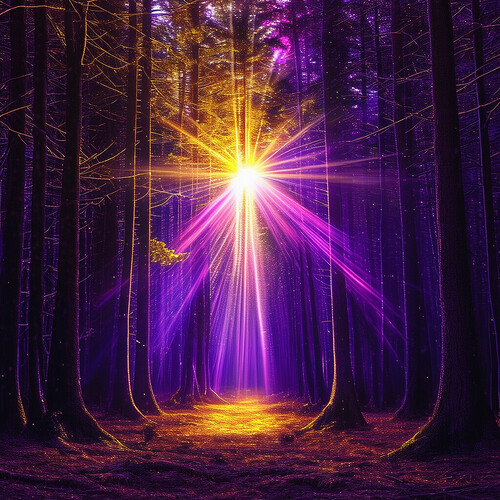 Radiant beams of violet, gold, and crimson energy rip through the fabric of space time amidst a gloomy pine grove - illuminating the shadowy trees in otherworldly light leading to a resplendent galactic dimension beyond our terrestrial plane of existence