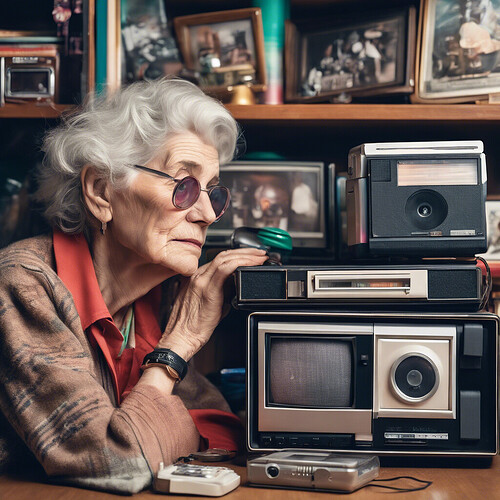 Portrait of a melancholy elderly woman in the cyberpunk future yearningly looking at sentimental memorabilia on her shelf including classic walkman, polaroid cam, game boy and retro TV to reminisce about simpler joys during her 1990s youth