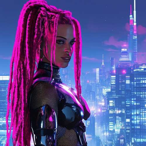 Futuristic female hacker with long pink dreadlocks in a mesh bodysuit and chrome armor looks over her shoulder, sci-fi high rise city backdrop behind her in classic Grand Theft Auto typeface logo rendering: GTA: Neo Tokyo