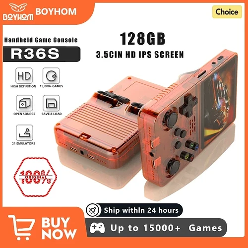 128g open source r36s console de videogame sistema linux 3.5 Polegada tela ips laranja portátil bolso player vídeo 64g