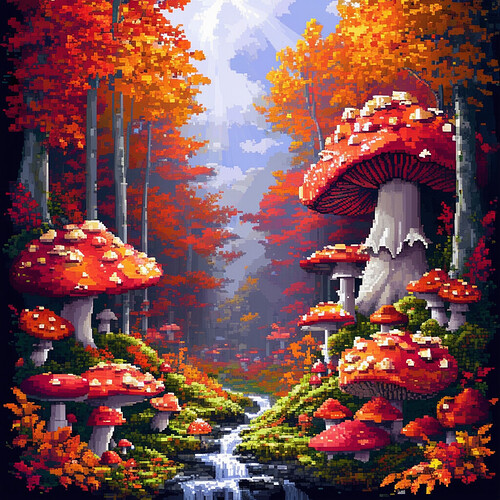 Pixelated whimsical landscape filled with candy-colored foliage in autumn hues of ruby, topaz and amber swaying under slate grey clouds, radiant beams piercing through to illuminate giant mushrooms ringing small clearings threaded with glimmering creeks over mossy earth