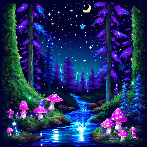 8-bit enchanted woodland scene of emerald conifers and violet leaved trees with glowing crystals embedded in the bark, pink and blue toadstools clustered around the roots, shining sprites fluttering above a babbling brook reflecting the starry night sky