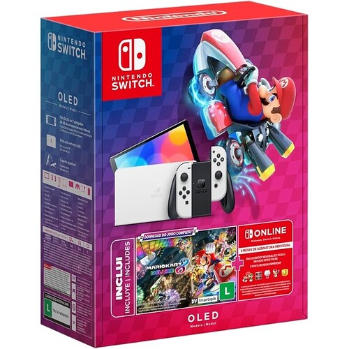 Nintendo Console + Jogo Switch OLED Branco Jogo Digital Mario Kart 8 Deluxe 3 Meses de Assinatura Nintendo Switch Online