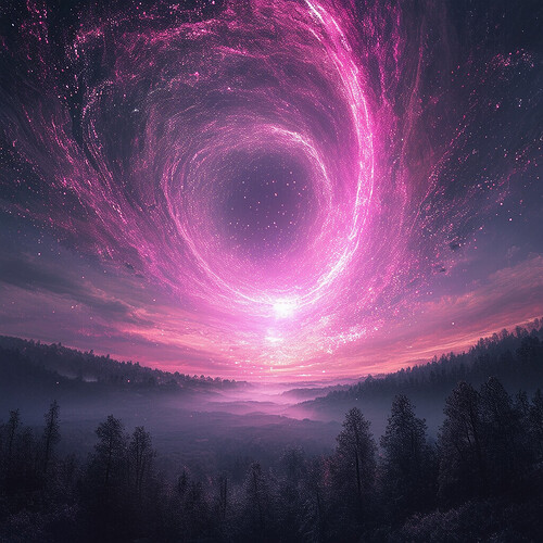 Set against a twilight sky, an electrified event horizon orbiting particles of silver and fuschia mars a serene wooded landscape below - a dimensional rift suggesting a passage leaving our world for kaleidoscopic celestial realms untold light years away