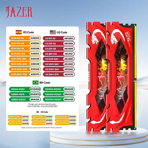 2 Unidades JAZER DDR4 Ram 16GB 8GB 32GB 3200MHz 3600MHz PC4 Desktop Memória para jogos Suporte Placa-mãe