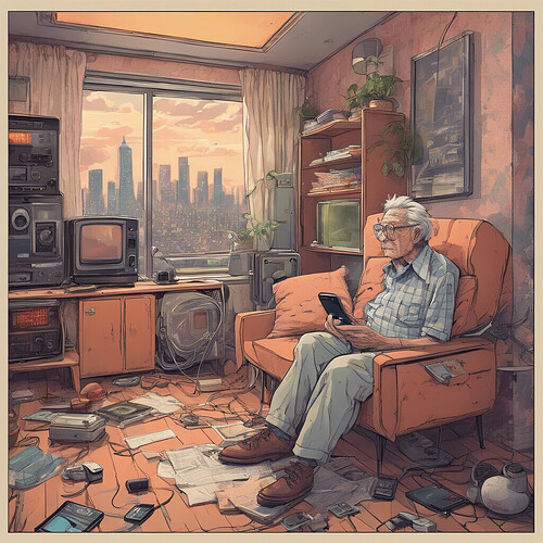 A senior citizen exiled in a bleak, dystopian 22nd century cityscape apartment finding fleeting comfort embracing nostalgic retro technology like LCD screens, audio cassettes and neon brick phones yet weighed down by memories of a brighter past.