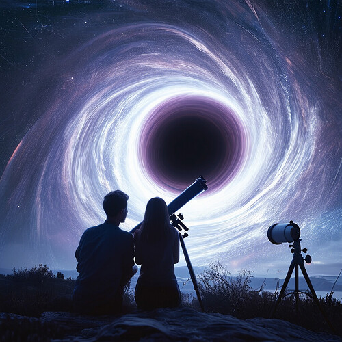 A young couple are staring through an astronomical telescope aimed at planet Venus but instead seeing a massive swirling vortex of a black hole warping the space around the normally bright planet into gravitational distortions and rings of energy and matter