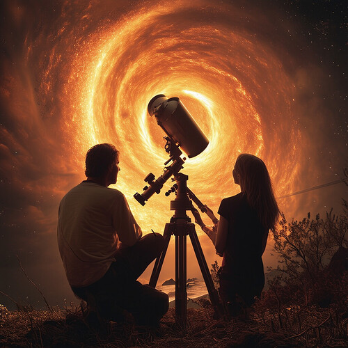 Amateur astronomers, a man and woman, gasp in disbelief at what greets their gaze through the eyepiece of their backyard observatory's high-powered telescope - the familiar crescent phase of Venus engulfed by the raging event horizon of a monstrous singularity