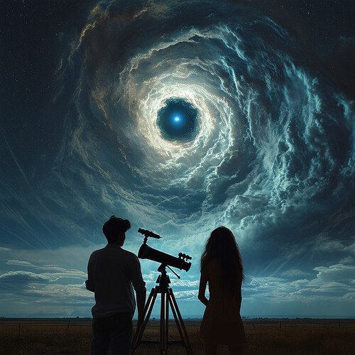 Jaws agape in awestruck horror, two stargazing lovers find the viewfinder of their premium Newtonian reflector focused not on expected silvery Venus, but rather an ominous wormhole vortex framed by its gravitational lensing of the Cyberpunk-hued clouds enveloping now-distant and forlorn Venus