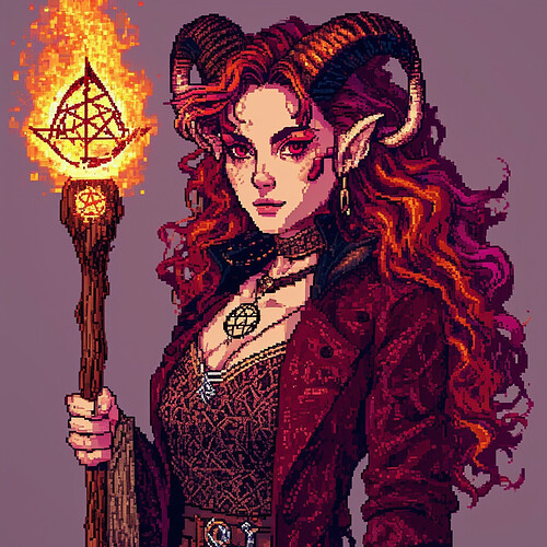 Retro pixel graphics portraying a fantasy sorceress with youthful features and wavy tri-color hair partially obscuring demonic horns, sparkling ruby irises and cinnamon dusted cheeks atop a patterned wine-colored frock coat with silver pentacles, wielding an antiqued wooden staff burning with arcane energy