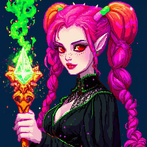 8-bit stylized depiction of a pretty demoness with vibrant pink, green and orange locks tied in twintails, scarlet eyes full of mischief, freckle sprinkled button nose, clad in Gothic black attire brandishing a dazzling crystalline scepter wreathed in enchanted smoke and glittering motes