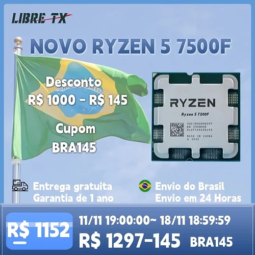 Processador AMD Ryzen 5 7500F 3,7GHz (5.0GHz Turbo) 6 Núcleos 12 Threads AM5 Sem Cooler