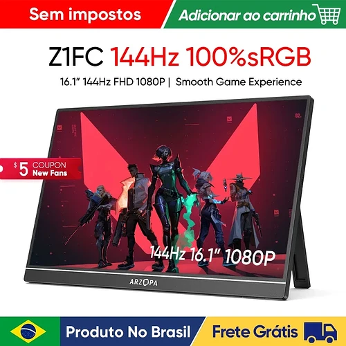 Novo ARZOPA 16.1 polegada 100% sRGB 144Hz Monitor de Jogos Portátil Display Laptop com Tipo C Mini
