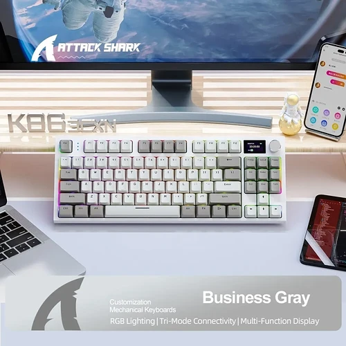 K86 Teclado Mecânico Hot-Swappable Sem Fio Bluetooth/2.4g Com Tela de Exibição e Botão Rotativo de Volume para Jogos