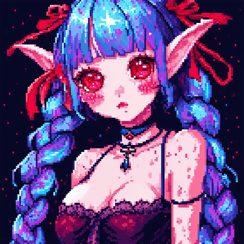 A pixelated image of an adorable anime demon girl with large cherry red eyes, pink blushing cheeks dotted with freckles, long blue and purple braided hair and elf-like ears sticking out, wearing a red ribbon in her hair, a black choker, cute Lolita dress, and holding a magical wand