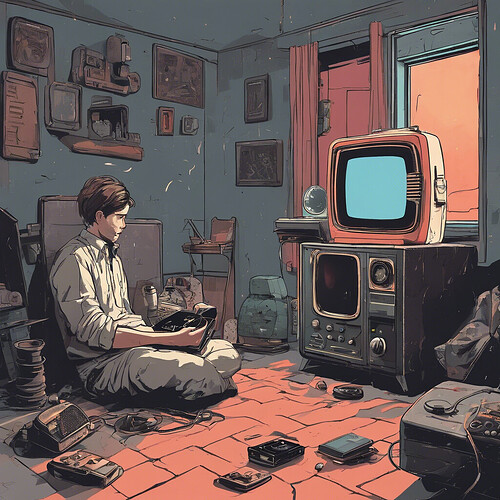 A lonely person in a stark futuristic apartment sitting amongst relics of the late 1900s - an old CRT television, games console, music players and a brick mobile phone - wistfully recalling happier times gone by