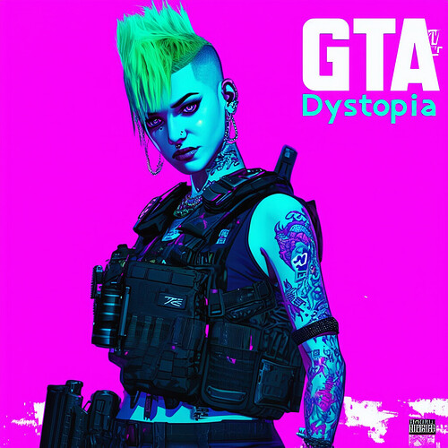 Punk girl with half shaved mint green hair, piercings, holographic tattoos wearing tactical gear poses ready for action on a GTA style cover titled: GTA: Dystopia - vibrant magenta and blue color scheme