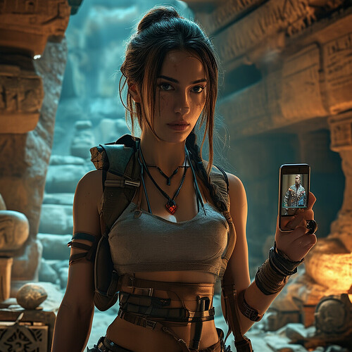 Lara Croft influencer blogueira gravando video pro tiktok