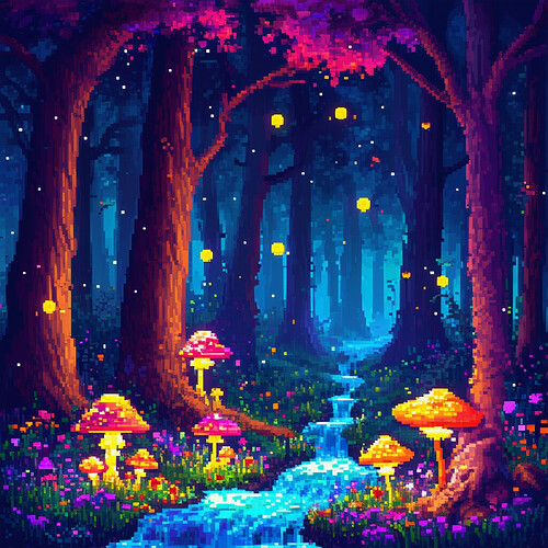 A vibrant magical pixel art forest with tall colorful trees, glowing mushrooms sprouting around the base of large trunks, flickering fireflies hovering in the air, sparkling streams flowing over the ground covered in grass and flowers