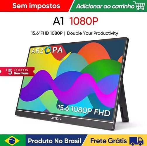 NOVO ARZOPA 15.6 inch Monitor Portátil FHD 1080P IPS USB-C Mini-HDMI Segunda Tela Externa para Mac