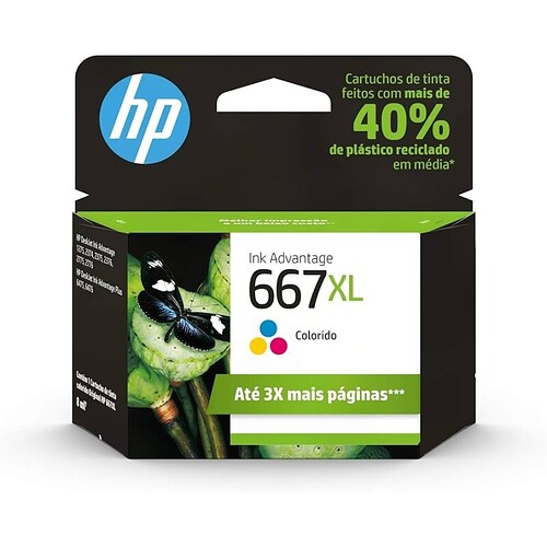 Cartucho HP 667XL( 85 ml ) Colorido Original (3YM80AB) Para HP Deskjet 2376 2776 6476 5076 5276