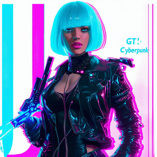 Cyberpunk woman with a neon blue asymetrical bob hairstyle, glowing body mods, black leather jacket and catsuit stands holding a sci-fi gun as the central figure in a retro 80's style Grand Theft Auto V ice font coverart that reads: GTA: Cyberpunk