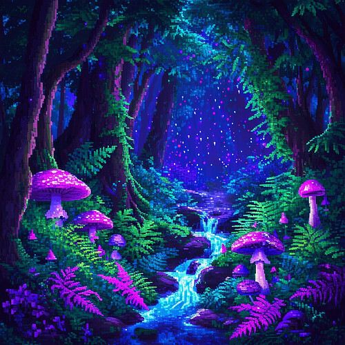 A pixel rendered lively fantasy forest festooned in jeweltone textures - sapphire spruces with bushy cyans and emerald ferns below, swarming firebugs bright as citrine gems over a sparkling creek winding towards a shaded grotto framed in luminous violet toadstools